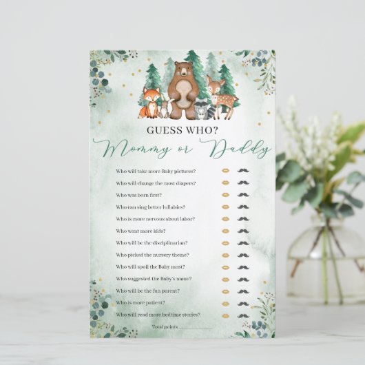 Mommy oder Daddy Baby Shower Game Woodland (Stehend Vorderseite)