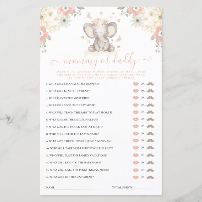Mommy oder Daddy Elephant Girl Baby Shower Game (Vorderseite)