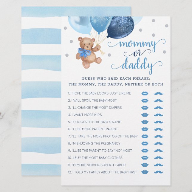Mommy oder Daddy Game Baby Shower Teddy Bear (Vorne/Hinten)