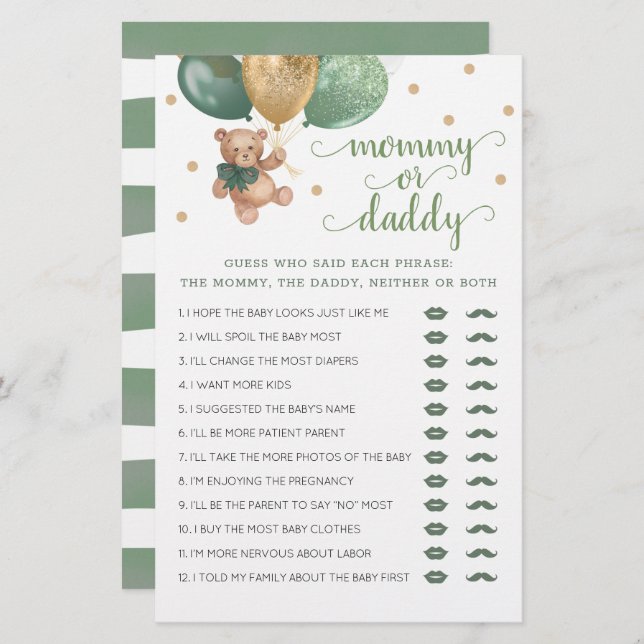 Mommy oder Daddy Game Baby Shower Teddy Bear (Vorne/Hinten)