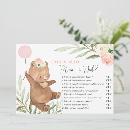 Mommy oder Daddy Game Rosa Blumenbär Einladung (Stehend Vorderseite)