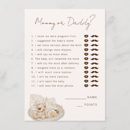 Mommy oder Daddy Party Game Begleitkarte (Vorderseite)