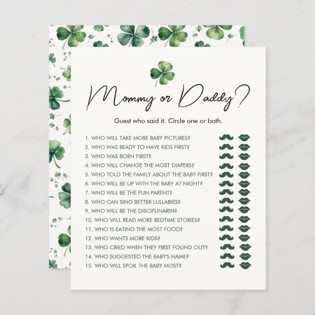 Mommy oder Daddy St. Patrick's Day Baby Shower Gam (Vorne/Hinten)