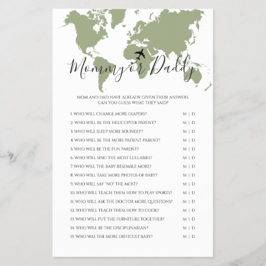 Mommy oder Daddy Travel Map Baby Shower Game Flyer (Vorne)