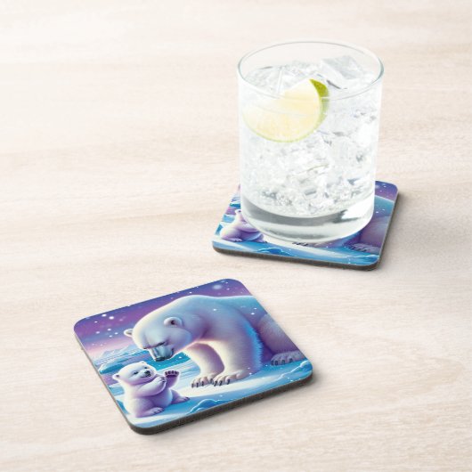 Mommy Polar Bear mit Cube | Getränkeuntersetzer (Rechte Seite)