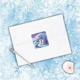 Mommy Polar Bear mit Cube | Quadratischer Aufkleber