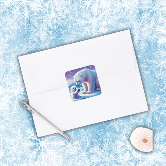 Mommy Polar Bear mit Cube | Quadratischer Aufkleber