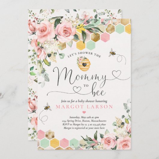 Mommy to be Greenery Pink & Gold Bee Baby Dusche Einladung (Vorne/Hinten)