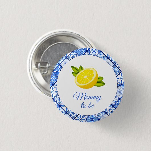 Mommy to be - Italienische Blue Tile Lemon Babydus Button (Vorne & Hinten)