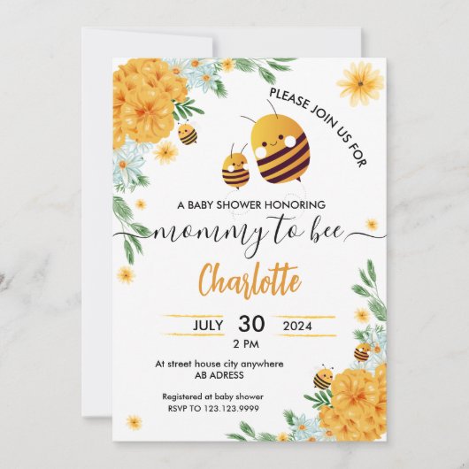 Mommy to Bee Baby Dusche Wasserfarbe Einladung (Vorderseite)