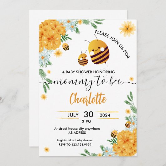 Mommy to Bee Baby Dusche Wasserfarbe Einladung (Vorne/Hinten)