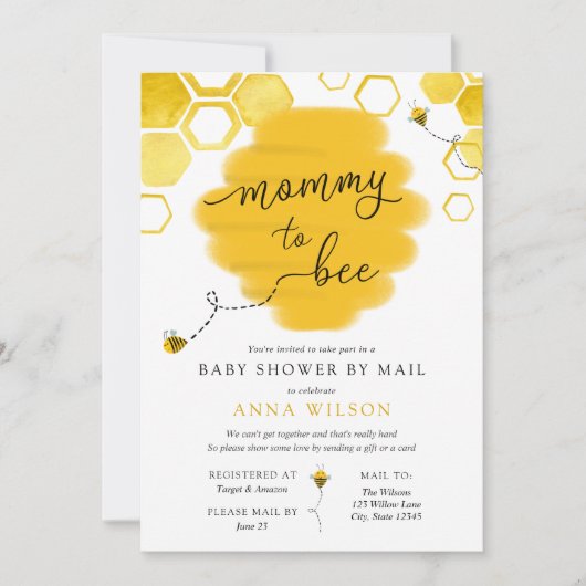 Mommy to Bee Baby Shower by Mail Einladung (Vorderseite)