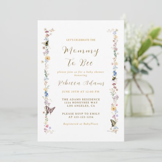 Mommy to Bee Baby Shower Wildblume Einladung (Stehend Vorderseite)