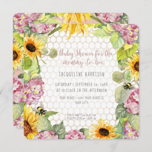 Mommy to Bee Bumblebee Sonnenblume Pink Hydrangeas Einladung (Vorne/Hinten)