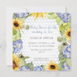 Mommy to Bee Bumblebee Sunflower Blue Hydrangea Einladung