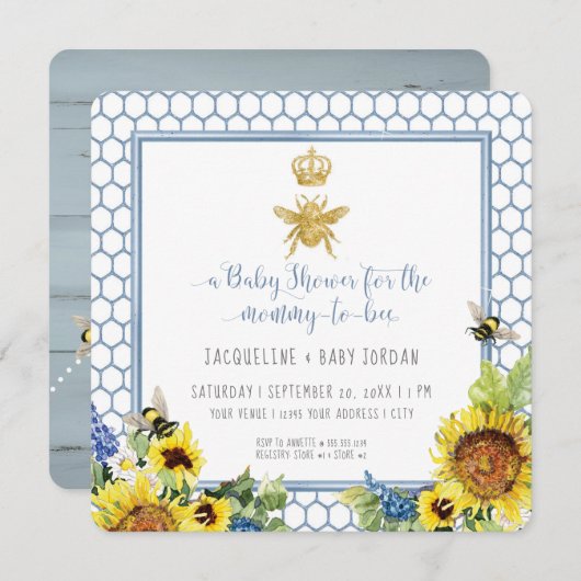 Mommy to Bee Bumblebee Sunflower Gold QR Code Baby Einladung (Vorne/Hinten)