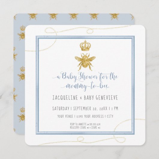 Mommy to Bee Gold Glitzer Blue Boy Baby Shower Einladung (Vorne/Hinten)