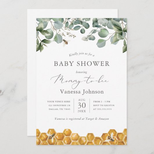 Mommy to Bee Greenery Baby Dusche Einladung (Vorne/Hinten)