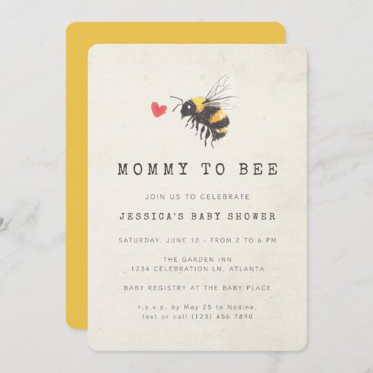 Mommy to bee Honey Heart Yellow Baby Shower Einladung (Vorne/Hinten)