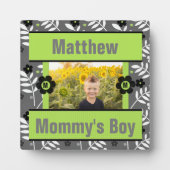Mommy's Boy Green Retro Floral Baby's Foto Plaque Fotoplatte (Vorderseite)