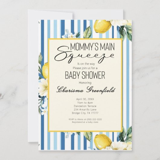 Mommy's Main Squeeze Lemon Blue Boy Baby Shower Einladung (Vorderseite)