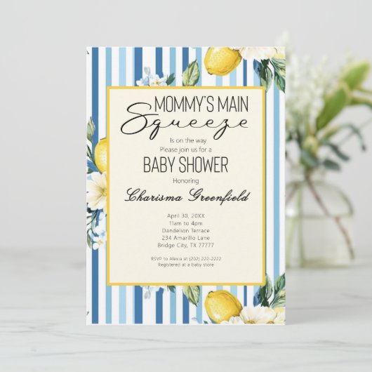 Mommy's Main Squeeze Lemon Blue Boy Baby Shower Einladung (Stehend Vorderseite)