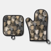 Momona Hawaiian Tropical Pineapel Black Taupe Ofenhandschuh & Topflappen-Set (Vorderseite)