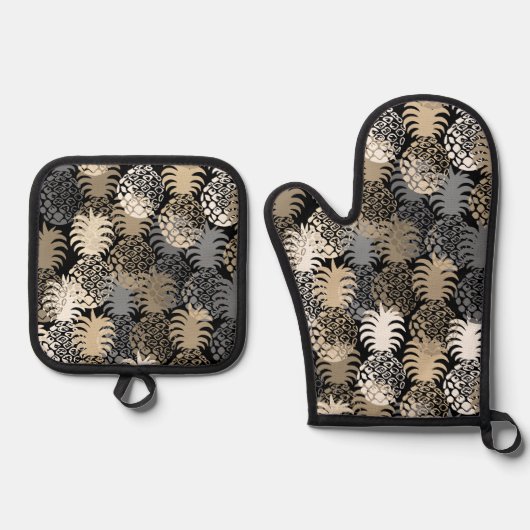 Momona Hawaiian Tropical Pineapel Black Taupe Ofenhandschuh & Topflappen-Set (Vorderseite)