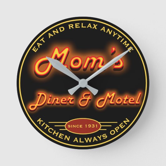 Mom's Diner & Motel Fun Faux Neon Any Slogan - Runde Wanduhr (Vorderseite)