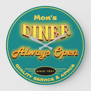 Mom's Diner or Any Name Neon Look Teal - Große Wanduhr