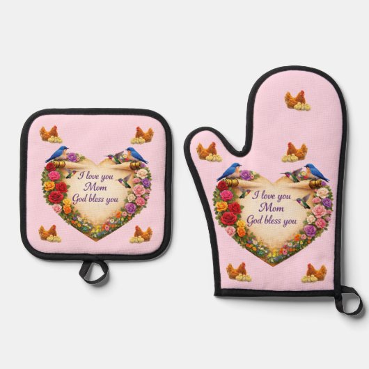 Mom's Heart & Chicken Oven Mitt & Pot Holder Set  (Vorderseite)