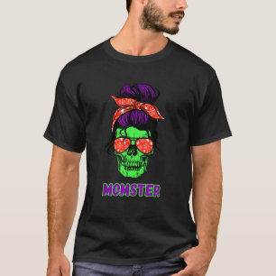 Momster Funny Skull Mama Messy Bun Mama Halloween  T-Shirt