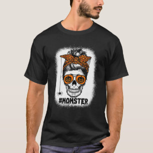 Momster Salty Skull Mama Messy Bun Leopard Hallowe T-Shirt