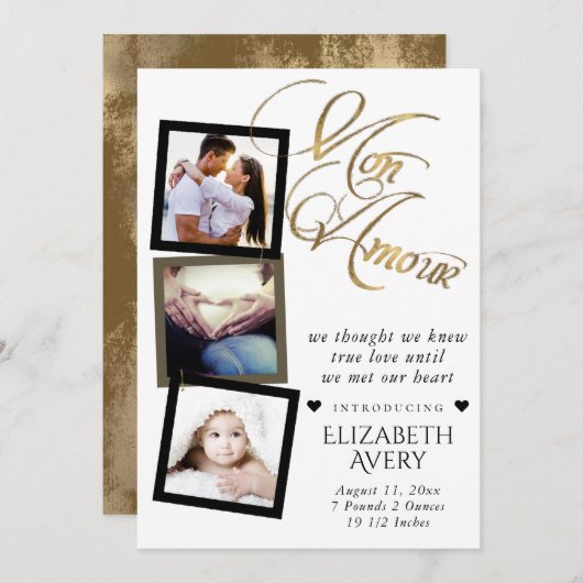Mon Amour | Gold Grunge Foil Baby Birth 3 Foto Ankündigung (Vorne/Hinten)