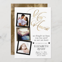 Mon Amour | Gold Grunge Foil Baby Birth 3 Foto Ankündigung