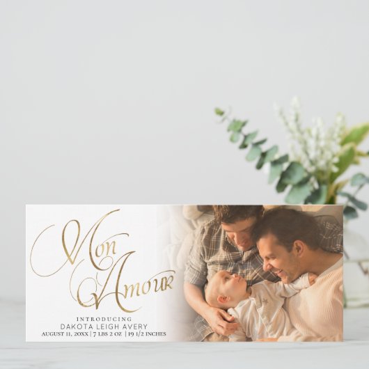 Mon Amour | Gold Grunge Foil New Baby Birth Foto Ankündigung (Stehend Vorderseite)