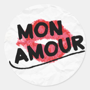 Mon Amour My Love roter Lippenstift-Kuss abgenutzt Runder Aufkleber