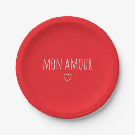 'Mon Amour' Romantisches Rot Weiß Valentinstag Pappteller