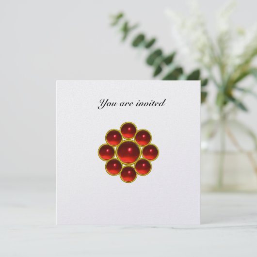 MON with RED RUBY GEMSTONES White Pearl Einladung (Stehend Vorderseite)