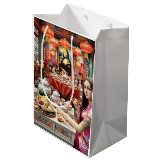 Mona isst im Restaurant China Chinen Mittlere Geschenktüte (Rückseite Schrägansicht)