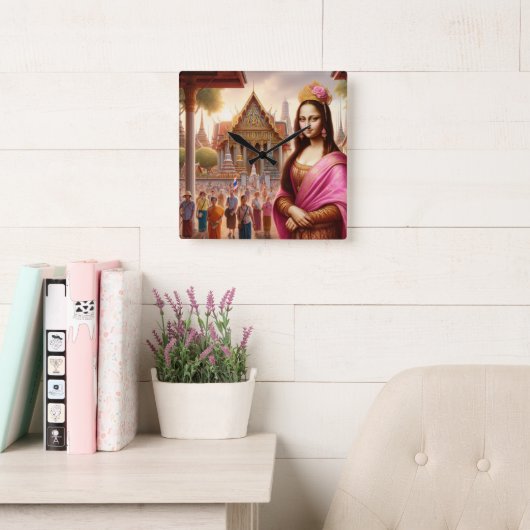 Mona liegt vor dem thailändischen Tempel Quadratische Wanduhr (Lesesaal)