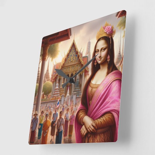 Mona liegt vor dem thailändischen Tempel Quadratische Wanduhr (Winkel)