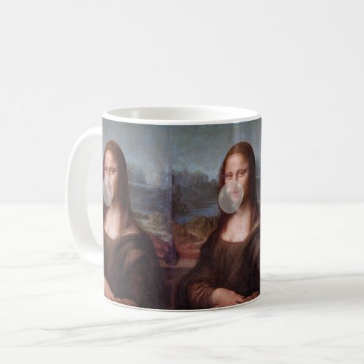 Mona Lisa bläst ein graues Kaugummi Kaffeetasse (Vorderseite Links)