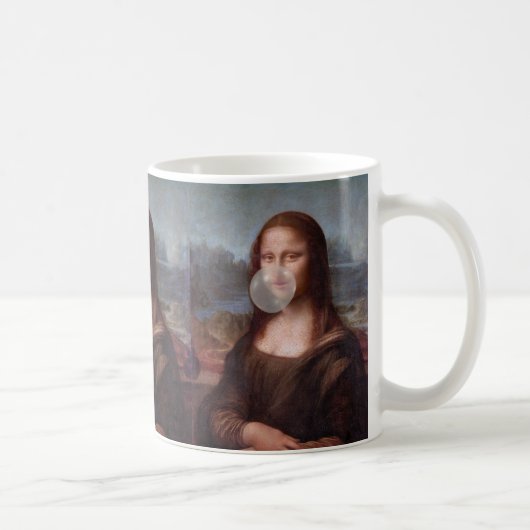 Mona Lisa bläst ein graues Kaugummi Kaffeetasse (Rechts)
