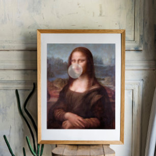 Mona Lisa bläst einen grauen Kaugummi Poster