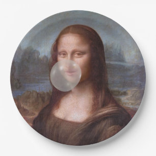Mona Lisa bläst graues Kaugummi Pappteller