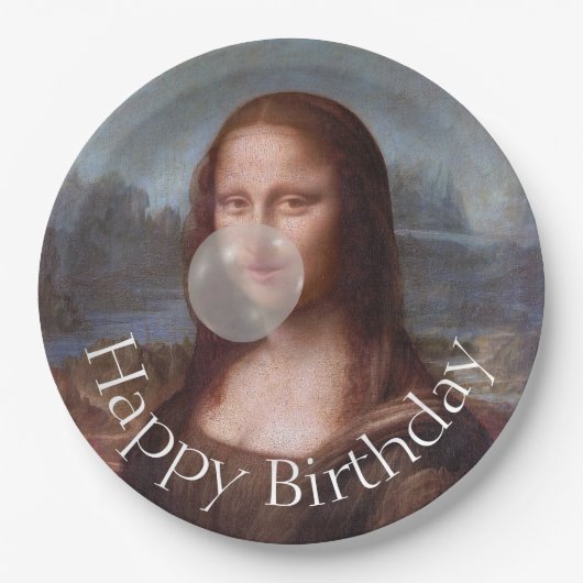 Mona Lisa bläst Kaugummi Glücklicher Geburtstag Pappteller (Vorderseite)