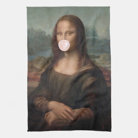 Mona Lisa bläst rosa Kaugummi Geschirrtuch (Vertikal)