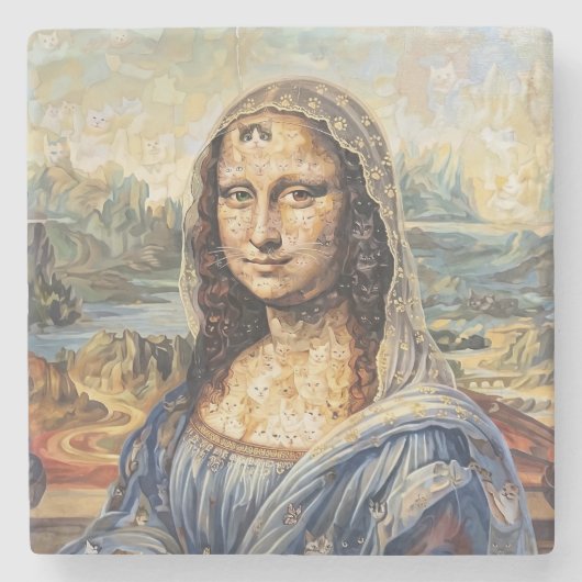 Mona Lisa collage art made with cat faces Steinuntersetzer (Vorderseite)