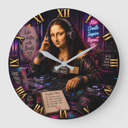 Mona Lisa DJ Funny Music Studio Große Wanduhr (Vorderseite)